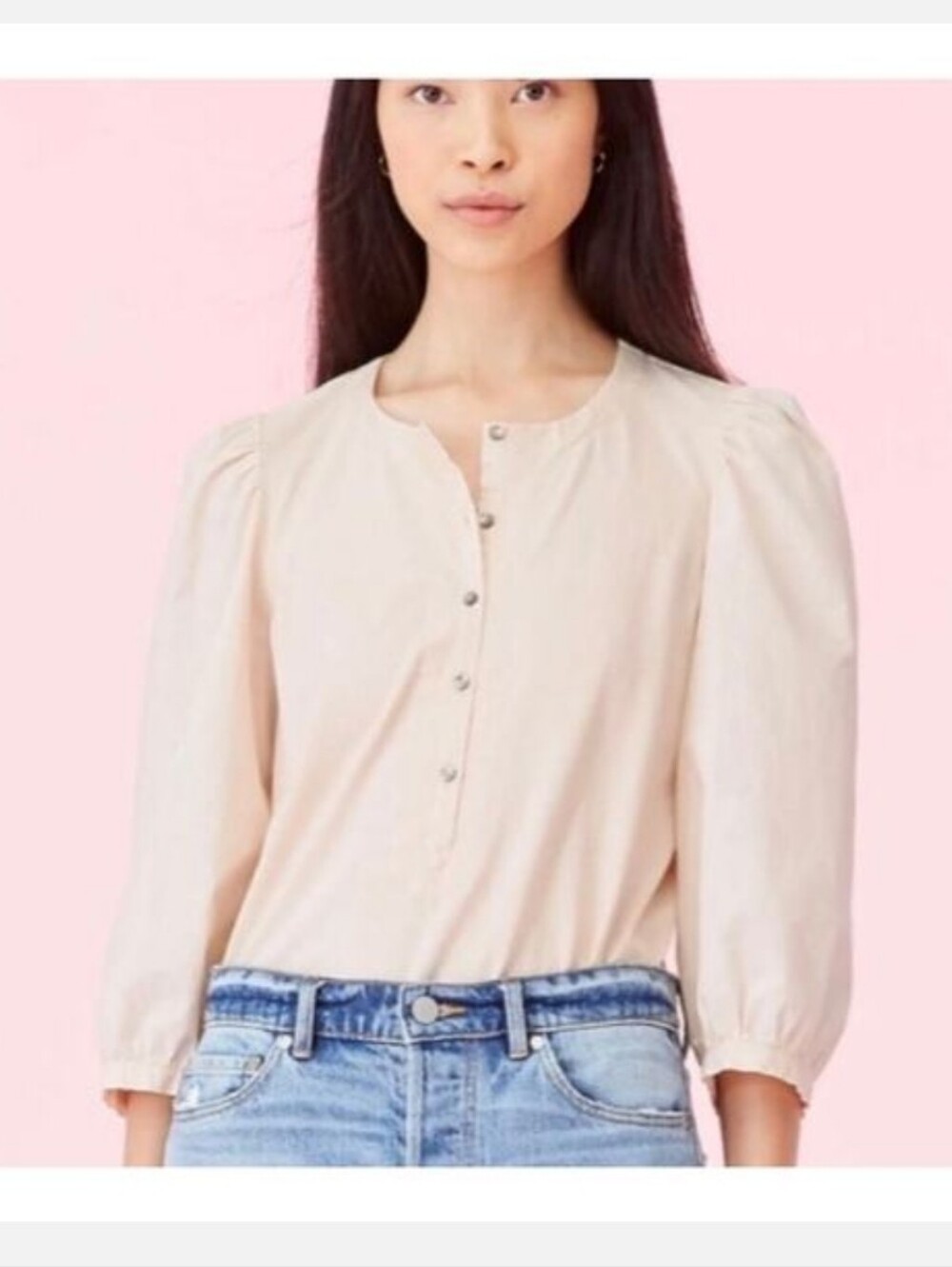 La Vie Rebecca Taylor Light Blush Puff Sleeve Button Front Top